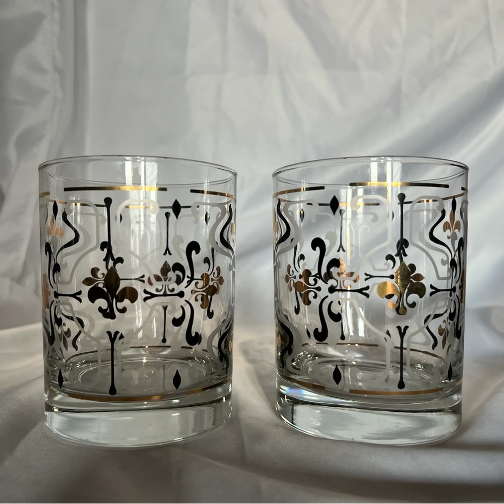 🥃 2 Lowball Rocks Old Fashioned Glasses Black Gold Fleur-de-lis vintage EUC MCM - Picture 12 of 16